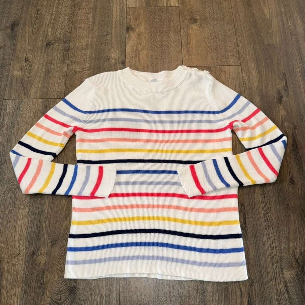 Gap‎ Women's Size L Sweater Top Crew Neck Rainbow Striped Button Preppy Colorful